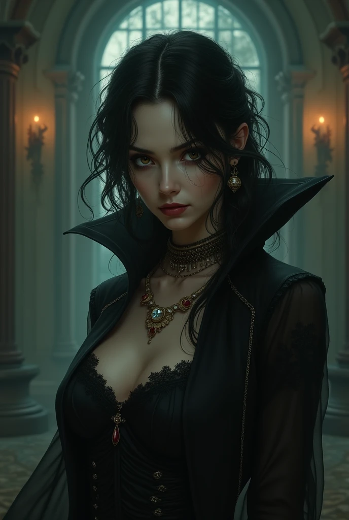 Woman with black hair and red eyes in black bra, very big breasts, vampire teeth, Vampire Girl, Dark, But detailed digital art, dark fantasy style art, Portrait of a vampire, androgynous vampire, Dark art style, style of charlie bowater, gothic horror vibes, tom bagshaw artstyle, gothic art style, dark fantasy portrait, neoartcore and charlie bowater