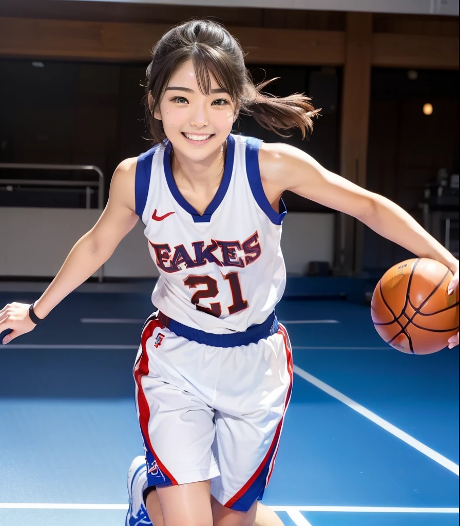 wearing basketball jersey, huge tits, ponytail, smile, japanese mature woman, black hair, squatting and leg spread near the hoop, exposed breast, exposed nipple, puffy nipple,visible nipple, super tits, nsfw