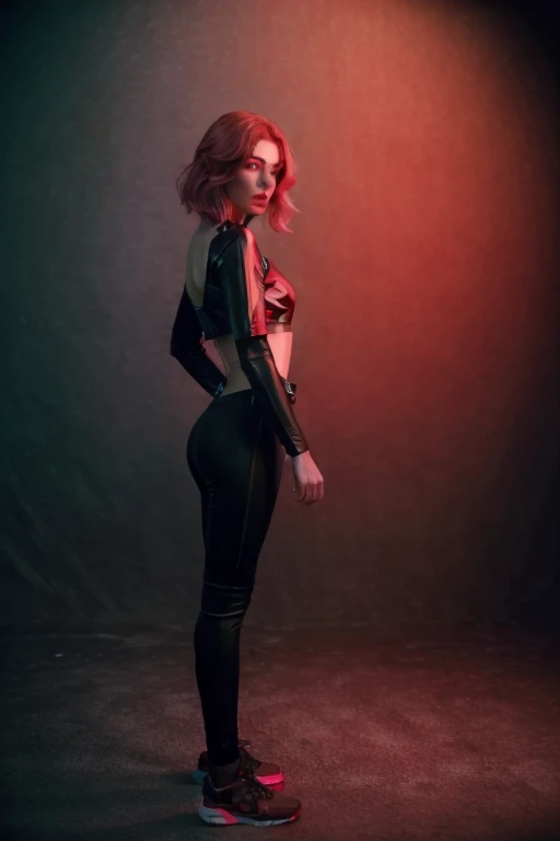 rimlight, silhouette, 
(((Pop Art, bright colors, comic book style, bold patterns, celebrity style, iconic style))), 
lingerie cover magazine, beautiful eyes, realistic face, beautiful girl, high detail skin, high detail eyes, high detail hair, highres, ultra detailed, sharpen picture, Highly detailed, masterpiece, best quality, photorealistic, 1girl, ginger woman, shot from behind of sport girl, (red latex panties, glossy latex), crop top, big round ass, long hair, (standing on a red  background, cinematic lights), 
<lora:RimLight_v3.0:0.6>,