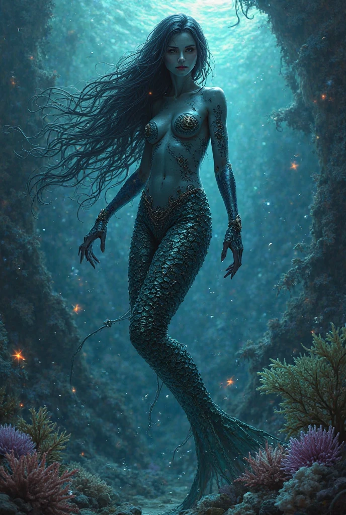 Deep Sea Creature, Mermaid, highly detailed, Digital illustration, black scales,  perfect, long dark hair, By  Nika Kuznetsova.