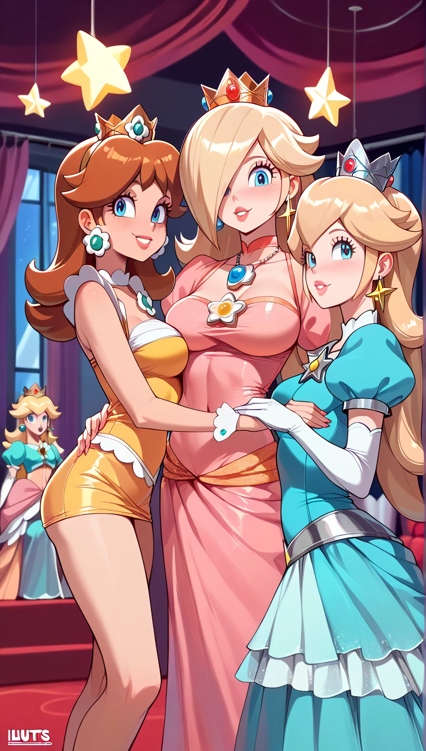 STICKER, (solid outline:1.3), (NSFW:1.2), A detailed illustration of a vivid Sexy Princess Daisy from Mario kneeling down with her hands behind her back, looking up with her mouth open, sticking out her tongue, bare breasts, yellow thong, face view, Solo Female, big breasts, small golden crown, erect nipples , puffy nipples, Full length View, high heeled boots, shoes visible, big yellow stars background, zoom out, centre model, vintage t-shirt design, in the style of hand drawing, 3D vector art, fantasy art, watercolour effect, Adobe Illustrator, hand-drawn, digital painting, low-poly, soft lighting, isometric style, retro aesthetic, focused on the character, 4K resolution, photo realistic rendering, using Cinema 4D,