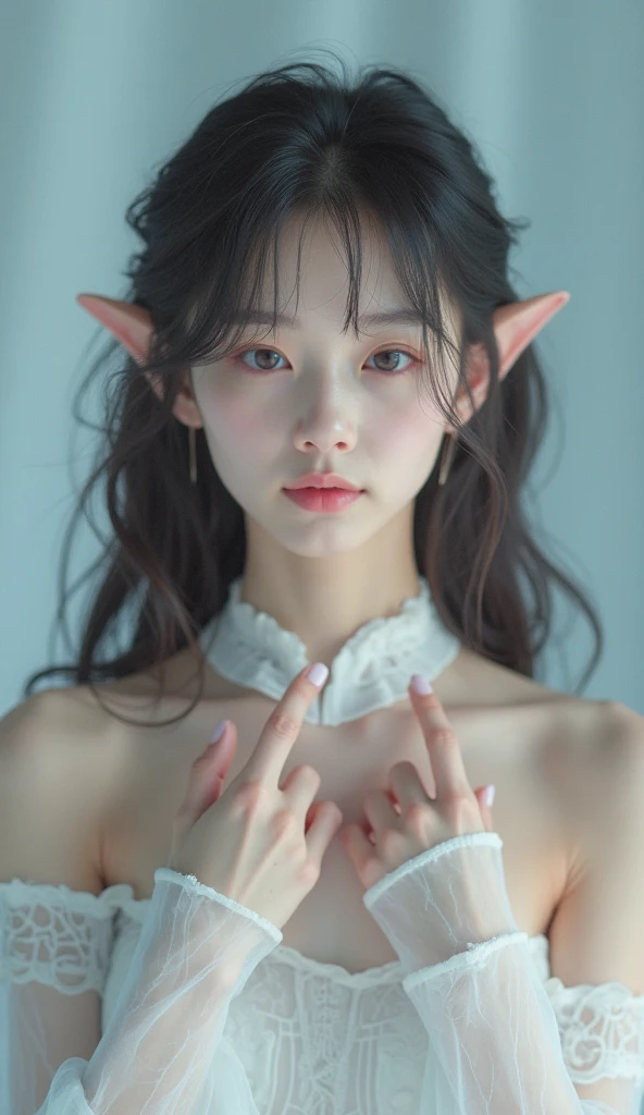 (Best Quality, 8K, 32K, Masterpiece, Ultra HD: 1.2), (K-Pop Idol: 1.3), 1 Girl, (Large: 1.2), Abs, Perfect Figure, Ultra Slender Face, Delicate Lips, Beautiful Eyes Double eyelids ((black crop top)) (Extremely normal body)Japanese-style town:1 Elf beauty,(Elf long ears),Short silver-white hair,Half-tied ponytail。