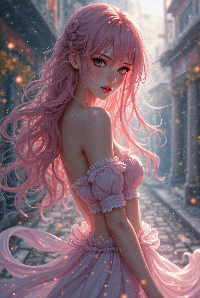 4K realistic,-yeld giBai Zhe skin Long pink hair Big pink eyes Shyness on the face Pink JK short skirt White lace bra Bra half unfastened Left leg curled up Right leg held with hand Leg ring The wind blows up skirt to reveal pink panties White suspender stockings