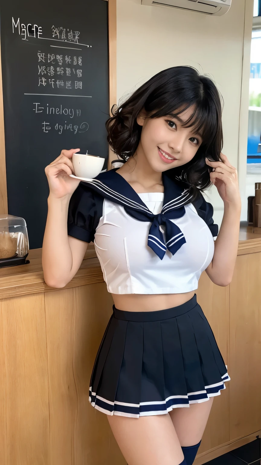 arafed asian woman, photo of slim girl model, ((tall and slender body)), ((hourglass figure)), ((tiny waistline)), 24 year old female model, (((huge round breasts|perky))),beautiful alluring , model with attractive body, gorgeous young korean woman, gorgeous young model, young sensual graceful, gorgeous chinese model, ((curly bangs)), ((very dark short hair)), ((black hair in a rough shag)), wavy hair, (masterpiece:1.3), high resolution, ((((wearing summer sailor school uniform cosplay, tight micro miniskirt)))), ((((cafe)))), ((((smiling))))