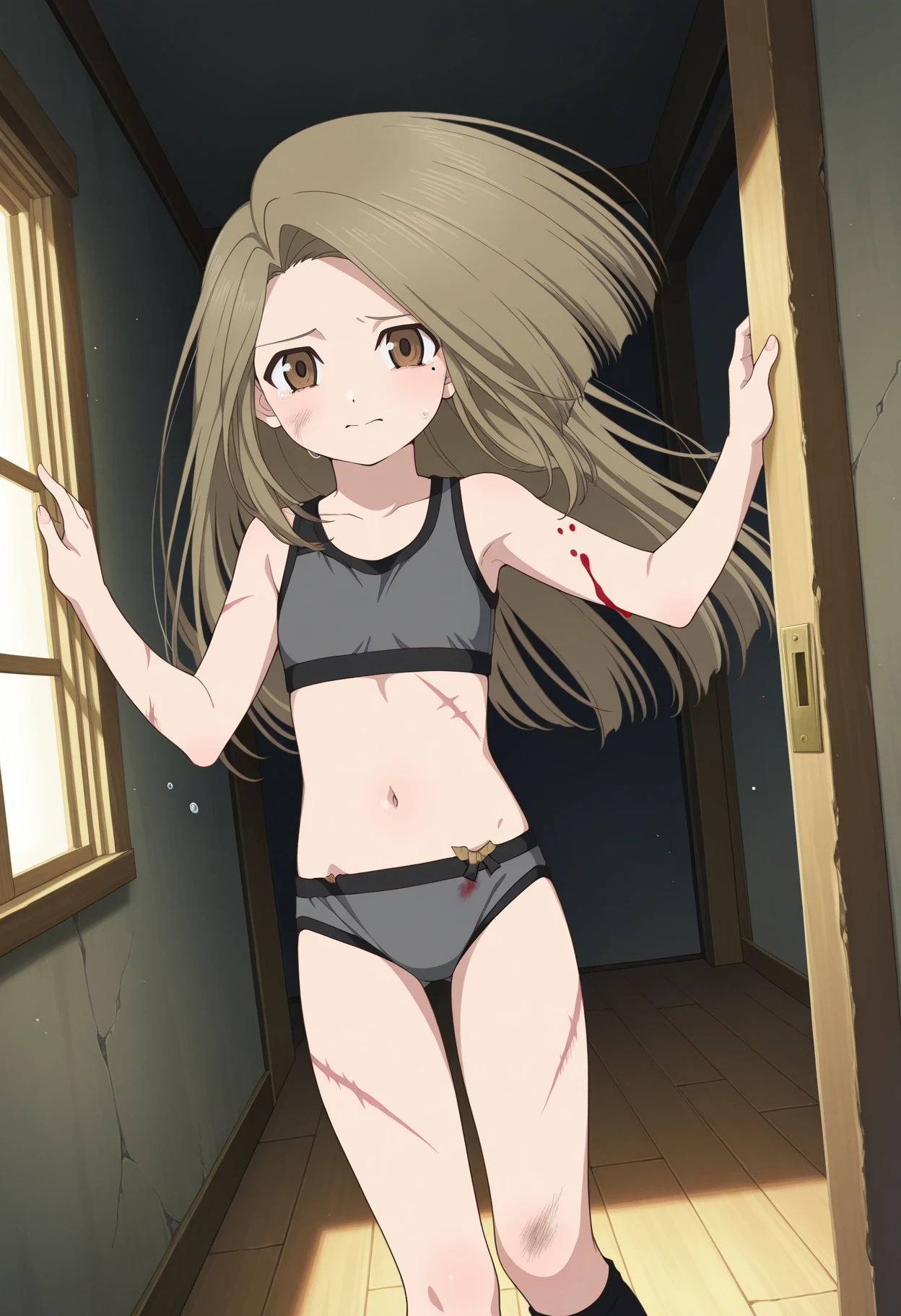((best quality)), ((masterpiece)), (detailed), perfect face, brown skin anime girl in a deep V-neck tied top, (bare shoulders), (skirt), (long hair), starving, (resting hands on the stomach), (hands on the stomach), (slim girl), (shiny skin) (embarrassed expression), (mature girl)