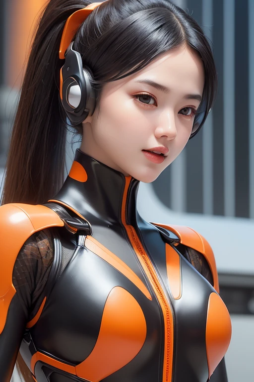 Top Quality, Masterpiece, Ultra High Resolution, (Photorealistic: 1.4), Raw Photo, 1 Girl, Black Hair, Glossy Skin, 1 Mechanical Girl, (((Ultra Realistic Details)), (realistic face: 1.2), realistic skin, Global Illumination, Shadows, Octane Rendering, 8K, Ultra Sharp, Intricate Ornaments Details, wearing Futuristic Headphone,  Futuristic headgear, very intricate detail, realistic light, CGStation trend, brown eyes, glowing eyes, matte black and glossy orange bodysuit, orange lining on suit, Long hair, Ponytail hair, half body shot, spaceship bridge background, she is on salute pose, salute style