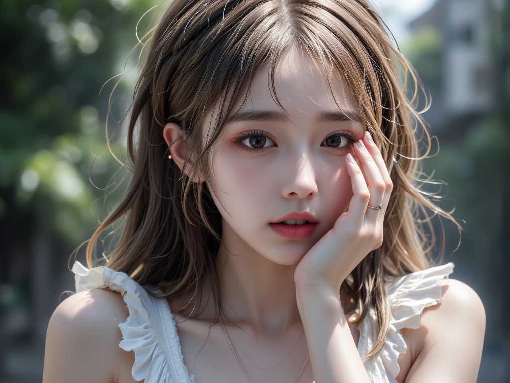 ((best quality, 8K, masterpiece: 1.3)),upper body,Between silver and blonde, sharp focus: 1.2, beautiful woman with a perfect body: 1.4, ((Medium Hair, large: 1.2)), (small and beautiful hard (White dress with lace), (wet from rain: 1.2), (rain, street: 1.2), wet body: 1.1, Highly detailed face and skin texture, detailed eyes, double eyelids, White skin, ash blonde,E Cup,smile,Financial district of the big city,Skyscraper,