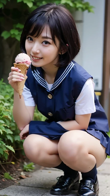 Chinese girl carrying flowers in a school uniform, cute face, short brown hair with a blue headband and blue skirt, medium chest blue shoes and white socks, back of the house and under water