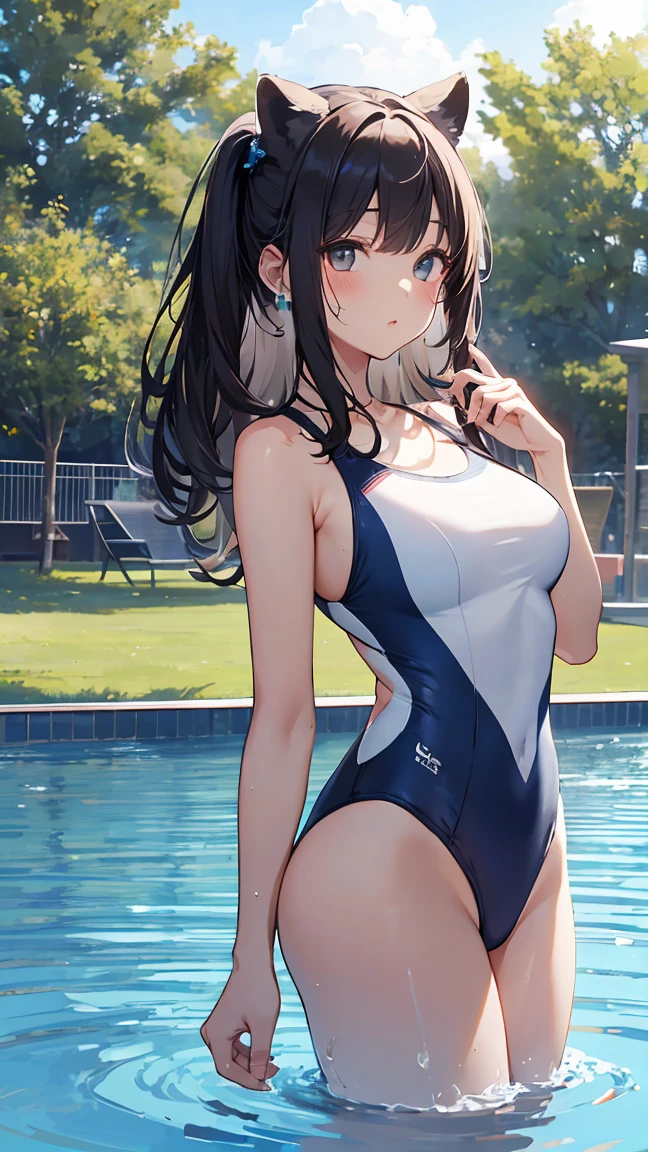​masterpiece、top-quality、girl with、long、A dark-haired、bluntbangs、side locks、Blue school swimsuit、swimming pools