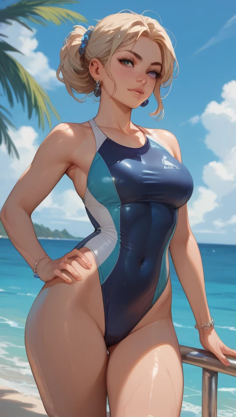 1woman, tan, tanned skin, swimsuit, V-shaped swimsuit, tiny swimsuit, revealing too much skin, exposing navel, no underwear except for ultra-thin V-front micro plunge., ((Only ultra-thin V-front micro plunge)), ((Only black ultra-thin V-front micro plunge))
