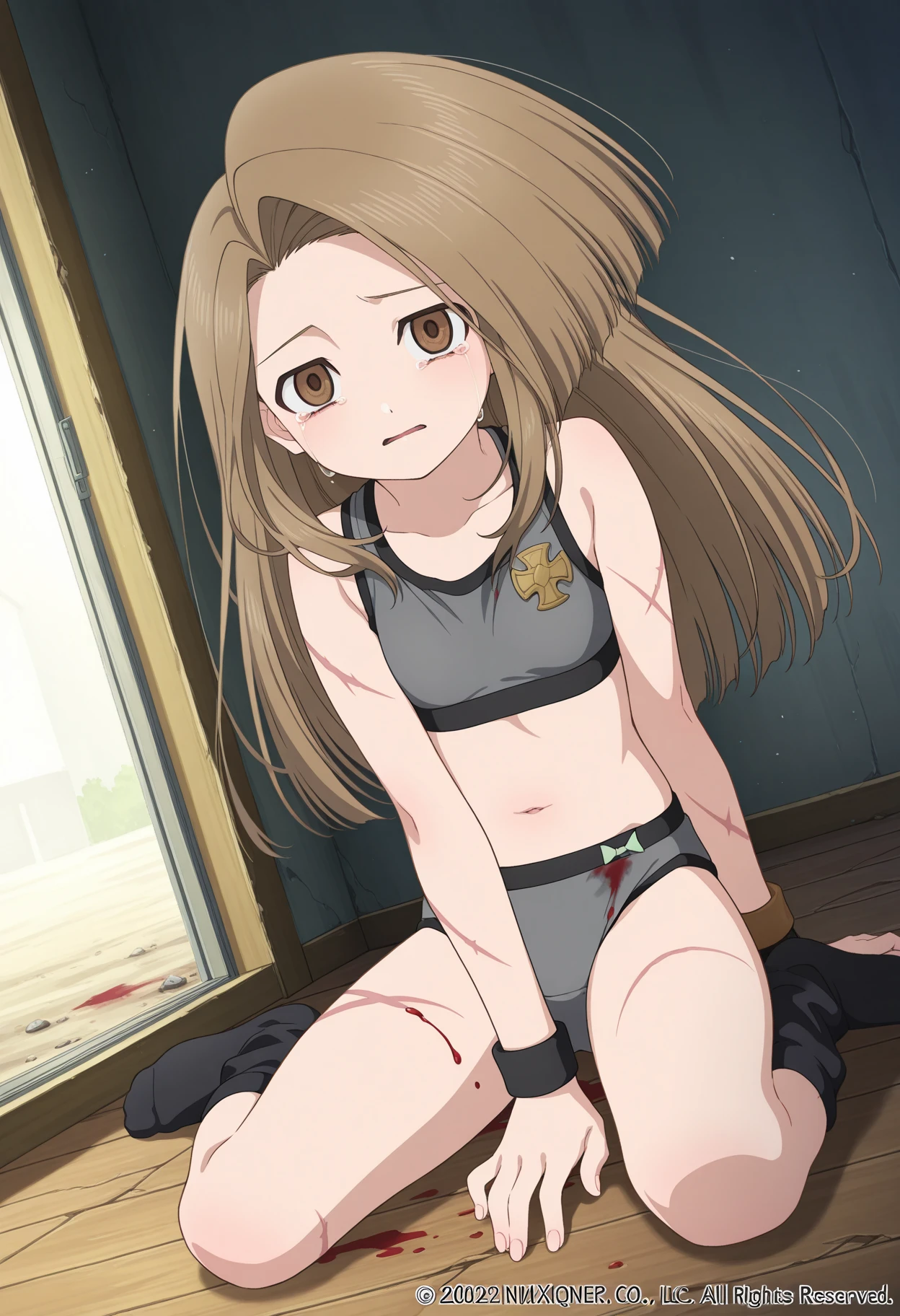 ((masterpiece)), (detailed), dark-tanned skin anime woman wearing a Turn Down Collar Sleeveless Knitted Top, (bare shoulders), (bare arms), (jeans), (long hair), starving, (resting hands on the stomach), (hands on the stomach), (slim body)