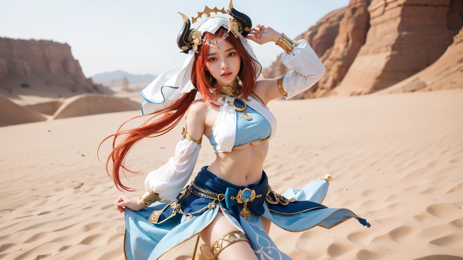 fantasy art, a statue,((young girl)), (red hair),((seaside)), (beach),((bared abdomen)),(navel), ((dancing)),masterpiece, best quality, detailed, masterpiece, best quality, nilou \(genshin impact\), long hair, jewelry, blue gemstone, earrings, horns, crown, cyan satin dress, white veil, neck ring, {green eyes}, mksks style, blue sky, highly detailed background, floral background, oasis, desert, professional lightning, sunlight, palm tree, <lora:koreanDollLikeness_v15:0.8>, <lora:TsumasakyNilouGenshin_v1:0.6>,