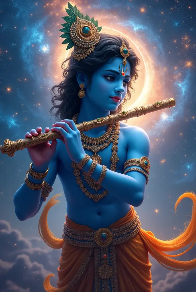 Shri Krishna most handsome man in blue mirror like dress under crescent moon having flute in his hand cascading black hair on his neck and his mesmerizing doe eyes