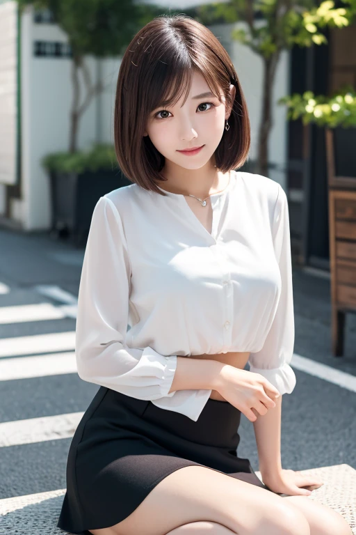 (8K, RAW Photos, Highest quality, masterpiece:1.2), (Realistic, photo-Realistic:1.4), (Highly detailed 8K wallpapers), ((Full Body Shot)), (1 girl), Sharp focus, Depth of written boundary, Cinematic lighting, Soft Light, 緻密な美しさのeye, eye_Chan, Very beautiful 17 year old girl, innocent big eyes, Realistic, photo Realistic, Highly detailed cute girl, (Thin thighs), (Model Body Type), 18-year-old, ((Sexy cafe staff uniform)), (Micro Mini Skirt), (((Fold your arms in front of your chest and act arrogantly))), ((A happy smile)), Parted lips, Watching the audience, (Inside the restaurant) , (Brown Hair),（Long Bob Hair), (Asymmetrical bangs)