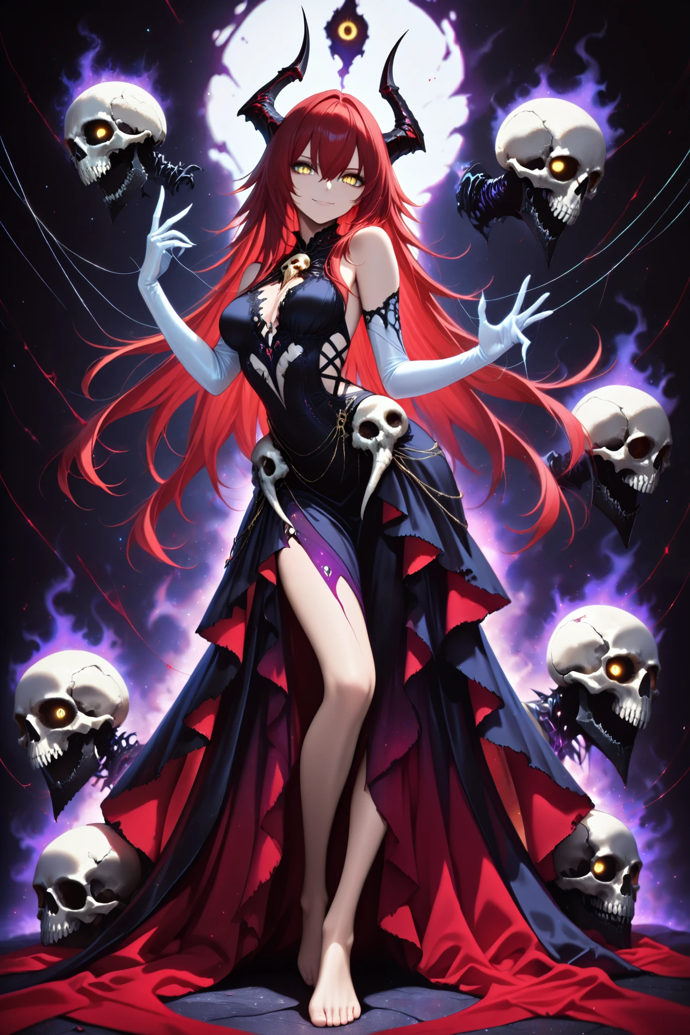 (masterpiece) , (highest quality) , (very detailed) , (the best shape) , (absurd) , (so beautiful) , (perfect anatomy), (perfect clear eyes), 1girl,red hair, long hair, golden eyes , long hair , gloves, standing, solo, looking at viewer, barefoot ,dress, demon girl, white gloves, hair between eyes , bare shoulders, smile, skull, slit pupils, elbow gloves ,necromancer, black corsage dress, laced, bound, purple dark aura, puppeteer, thin silver string comes out of her fingers, , puppet strings