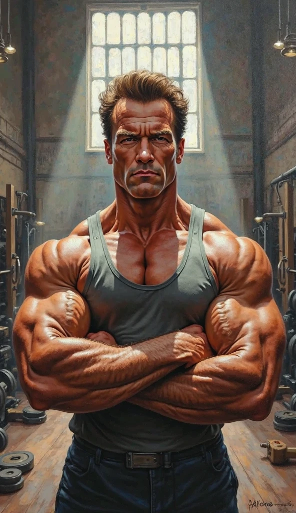 (GS-Masculine:1) (one male), (front side view), (looking at viewer), (standing:1.25) Very detailed youthful face, heroic, detailed realistic open eyes, (muscular:1.5), bodybuilder, (big muscles), (hyper pecs), (hairy pecs), hypermuscle, narrow waist and hips (slight smile). Realistic, photoreal, high definition, high contrast, high saturation, highly detailed, high quality, masterpiece, volumetric light, vibrant colors, exquisite illustration. In the style of (norman rockwell), 1950s gasstation, mechanic, jumpsuit