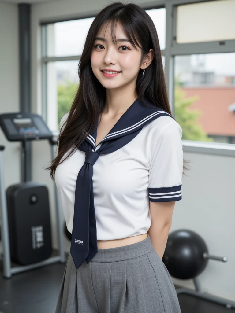 8K、High resolution、masterpiece、Realistic、In detail、Fine texture、Head-to-toe portrait、High Contrast、alone、high school girl、Natural body shape、White skin、Natural Makeup、Black Hair、bangs、Straight Long Hair、((School-designated gym clothes))((Long upper body, White gym clothes with short sleeves.、The lower half of the body is a navy blue tight bloomer))、Sit with your legs apart、Big Breasts、、((The upper body is wearing gym clothes))、((School classroom))、Looking into the camera、、Full body photo、Focus on the crotch、Exposing thighs、White shoes下、White shoes