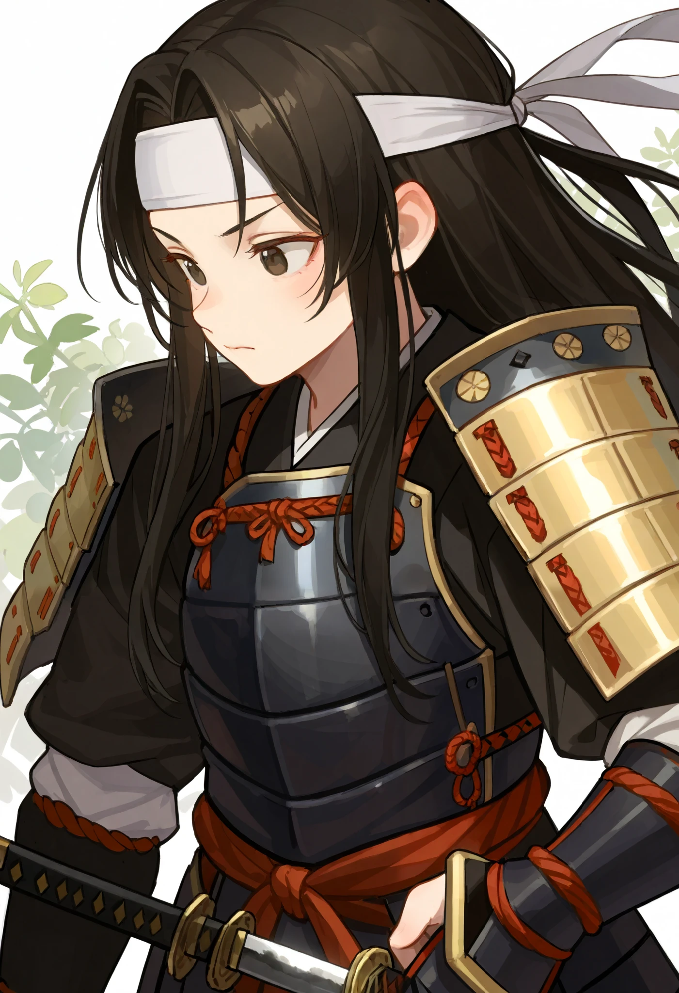 (((Best quality, 8k, Masterpiece: 1.3)), ((best quality)), ((masterpiece)), (detailed), perfect face, perfect body, (detailed skin:1.3), (intricate details), Samurai, armored warrior, samurai armor, Japanese, black hair, long hair, white headband, katana, Japanese sword