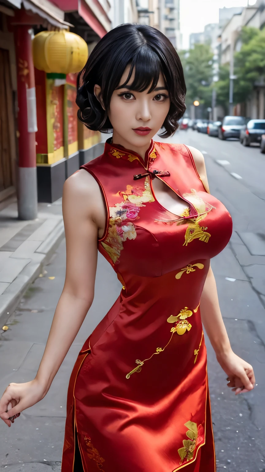８K、Best Quality、Streets of China、adult lady、bob cuts、A dark-haired、delicated face、Sareme、blushed face、red Cheongsam、Colossal tits:1.8、big butts:5.5、big breasts thin waist、Beautiful constriction、shinny skin、Facing up、Kamimei、Shy smile、Looking Up、Spread your hands wide、独奏、1人、