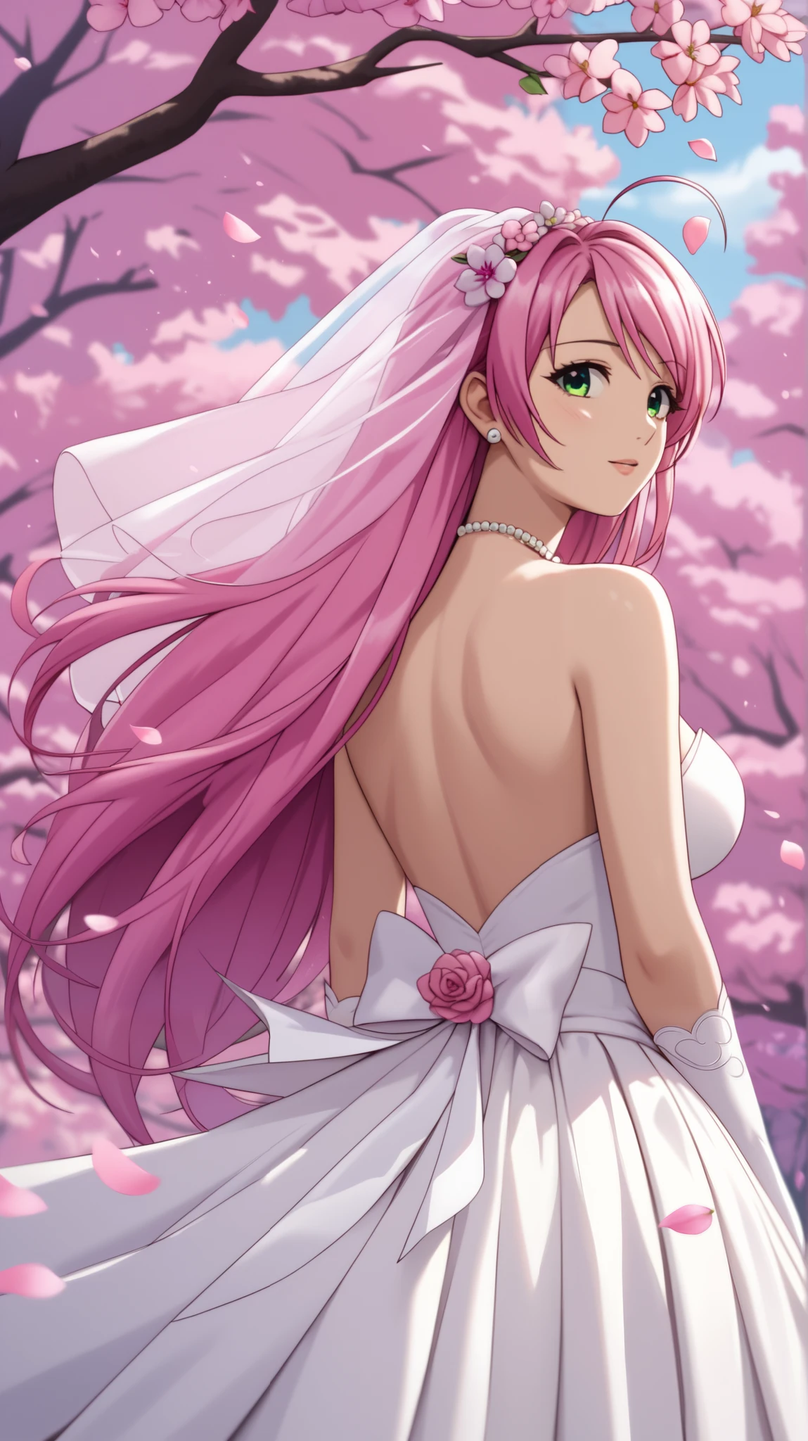 normal moka akashiya, long hair, green eyes, pink hair, ahoge, large breasts, Wedding Dresses , White Wedding Dress , Long skirt , wedding , Under the cherry blossom tree background , Cherry blossom petals are falling , outdoor , wedding , close-up of the upper body , The sky is beautiful , white gloves , Make eye contact with the camera , back figure , looking back ,