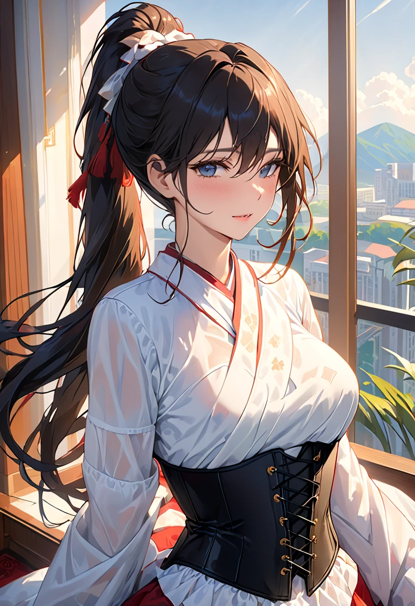 Highest quality、Realistic、Japanese、girl、zoom、cute、Grey Eyes、Long Hair、Bun Hair、Chestnut Hair、Back to all、the forehead is protruding、青いChina dress、China dress、Looking down、Big smile、Sweat、Bust Shot、thin、Large Breasts