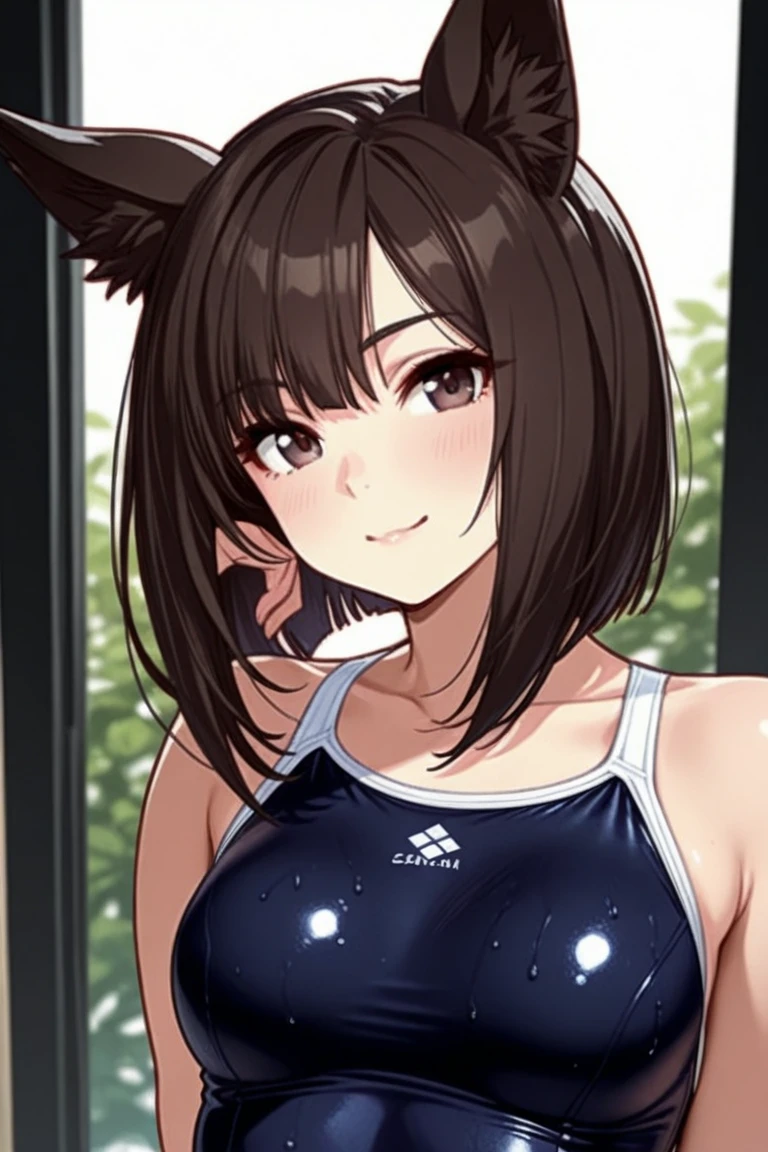 girl , (Cat ear:1.3) , (School Swimsuit:1.3) , Black Hair , classroom , Facing forward , Large Breasts ,