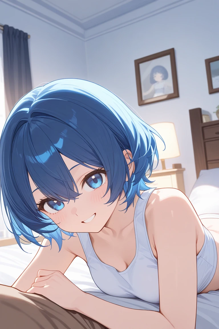 ((masterpiece)), ((best quality)), (ultra-detailed),  on the bed, a cute girl, 1girl, solo, underwear00, ((beautiful eyes)), smile, beautiful blue hair