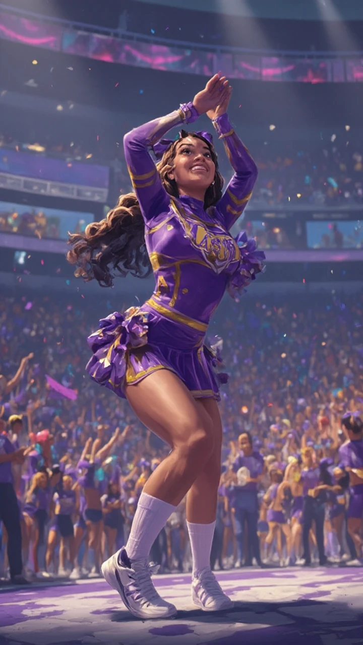 A natural a purple grey black and white bling bling raiders brand cheerleading uniform on purple black grey and white glittered Pom poms on raiders football field Doing cheer stunts high kicks