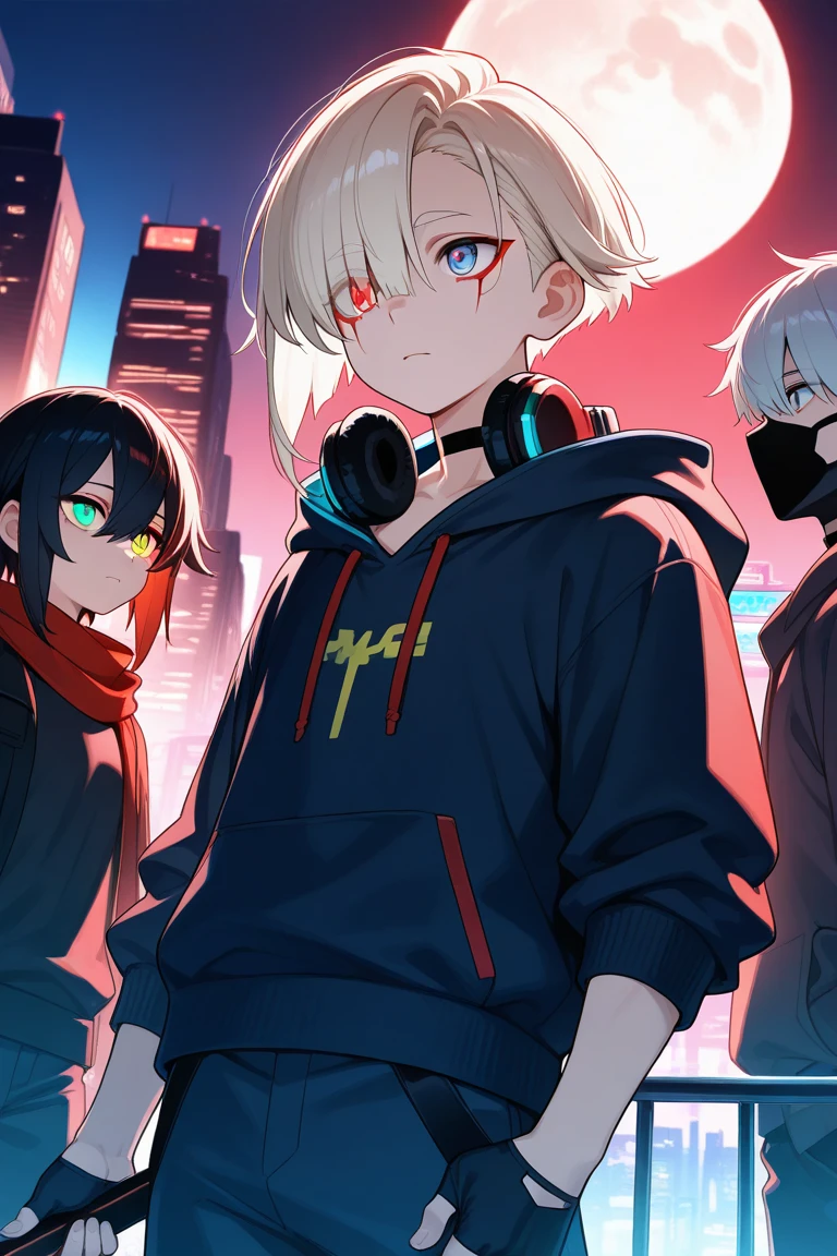 (3 girls, a girl wearing a hood, blonde hair, big black hoodie, hands on hoodie, bare legs), (abandoned amusement park, late night, red moon), (low contrast, flat color, limited palette)