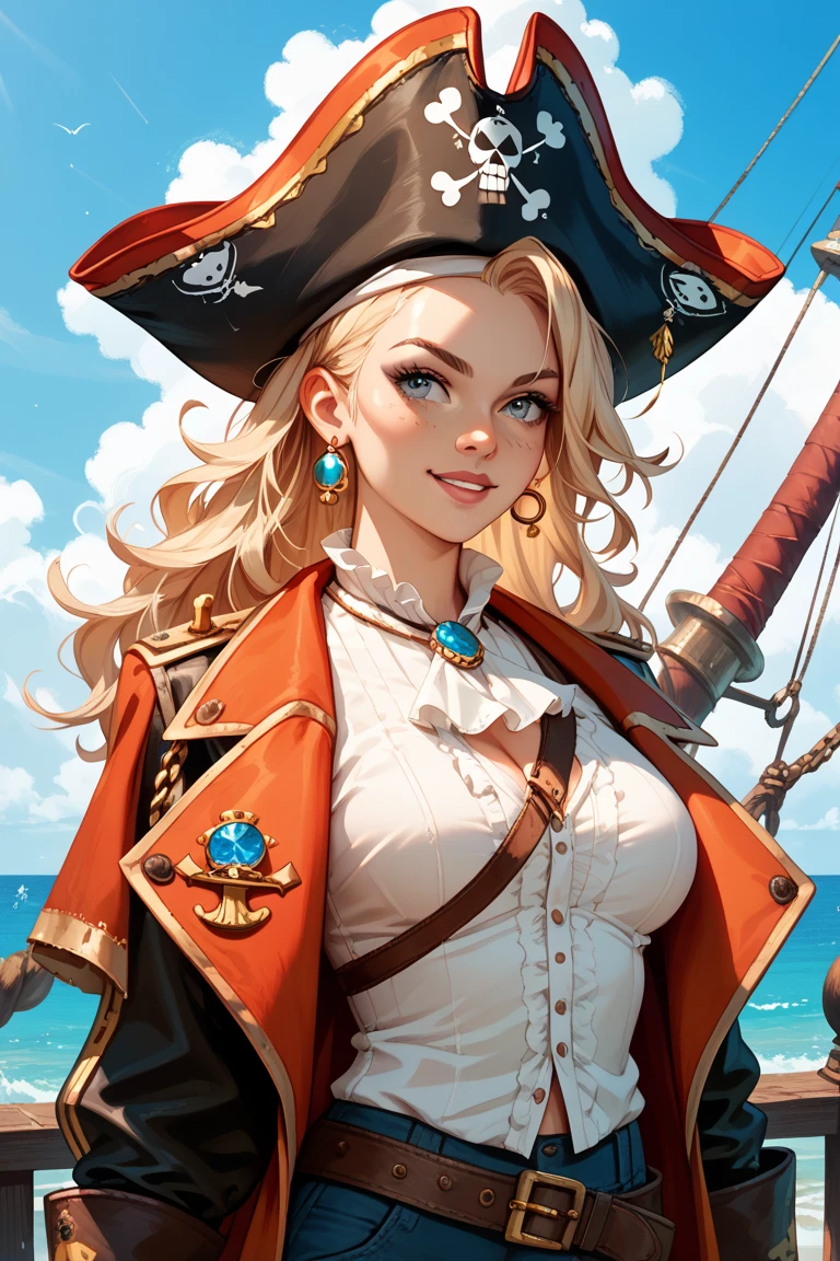 (masterpiece:1.5), (((top quality, best quality,  high quality))),  ((intricately detailed,  ultra-detailed,  insanely detailed)), highres,  32K,  extremely detailed unity CG 8K wallpaper,  (beautiful and aesthetic:1.2),  (((award-winning))), professional illustration, official art, large size image, fine intricate details,
perfectly proportioned, flawless orientation, sharp focus, extreme sharpness, perfect clarity, (close-up),  cinematic angle,  ((soft ambient lighting,  vibrant colors)), dynamic pose,  (walking posture:1.4),
(upper body:1.6), (portrait:1.4),
(1girl:1.5), (female focus, mature:1.5), (pirate captain:1.5),
beautiful gorgeous face, [:(detailed face:1.2):0.2], bright big eyes, pureerosface_v1, (red lip gloss:1.4), (full puffy lips:1.4), (happy:1.5, smirk:1.4),
perfect mature feminine body, bright glistening skin, realistic skin, skin pores, (((stomach, detailed navel, groin:1.3))) , narrow waist, (sidelocks:1.5), (flowing hair:1.5),
(ruffle-trimmed miniskirt:1.5), (ruffled collared blouse:1.5), (gold-trimmed cloak:1.4), (long fringe-trim sleeves), (pirate hat:1.4), (belt holster:1.4), (((identical))) earrings, hairclip,
(walking on the shore:1.5), (pirate ship anchored by the cliff:1.5), (roaring ocean:1.4), (dark thundering sky:1.5,lightning strikes the surface:1.5), (magnificent landscape:1.4), <lora:GoodHands-vanilla:1>