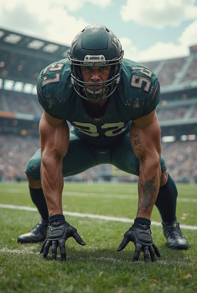 White Teenage boy , american football player , 18 years old, military haircut, black hair, green eyes fixed, affiliated features, no facial hair, height 1.93, weight 100 kg, aesthetic muscular build, broad shoulders, V-shaped body, full body focus, completely hairless,