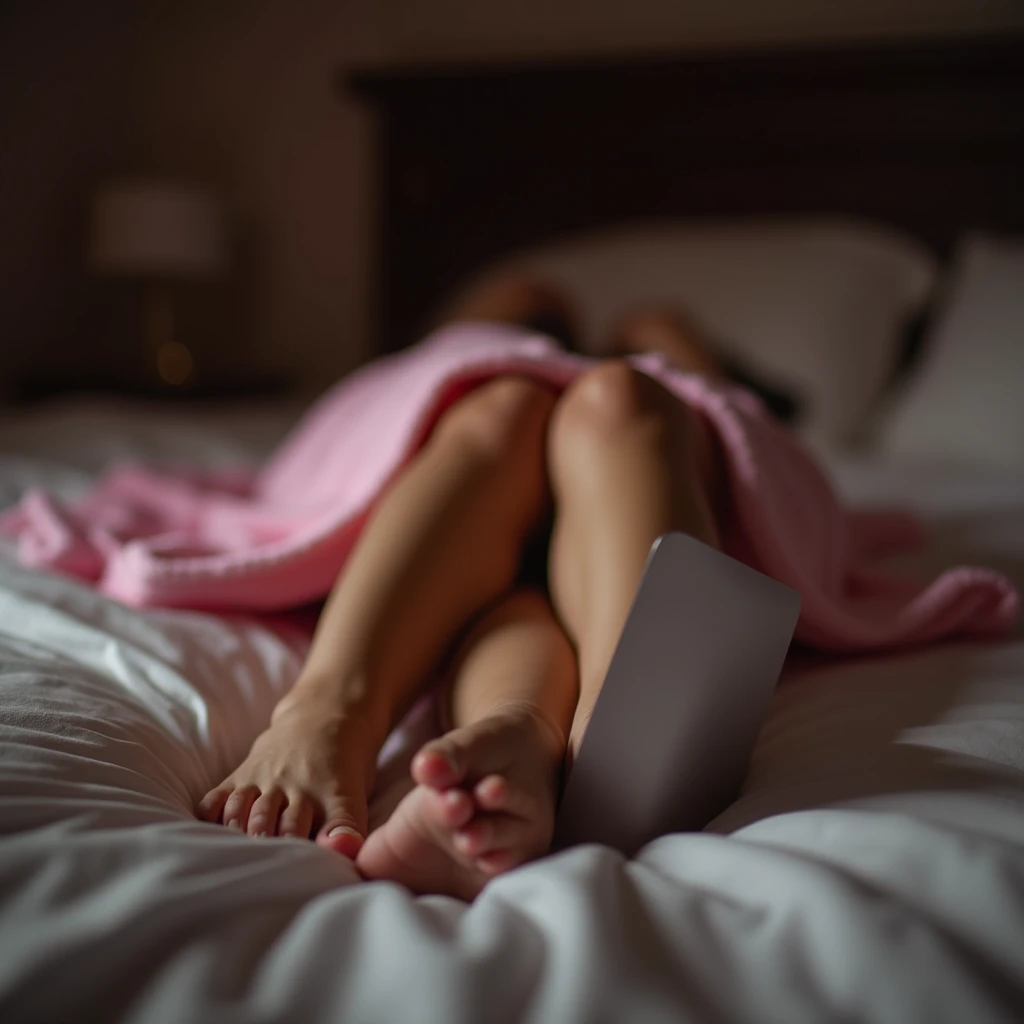 Highest quality, Legs and chest focus, Soft Light, Ultra-high resolution, (Realistic:1.4), RAW Photos,(His little box),On the bed,Big Breasts,Beautiful feet,Nipples