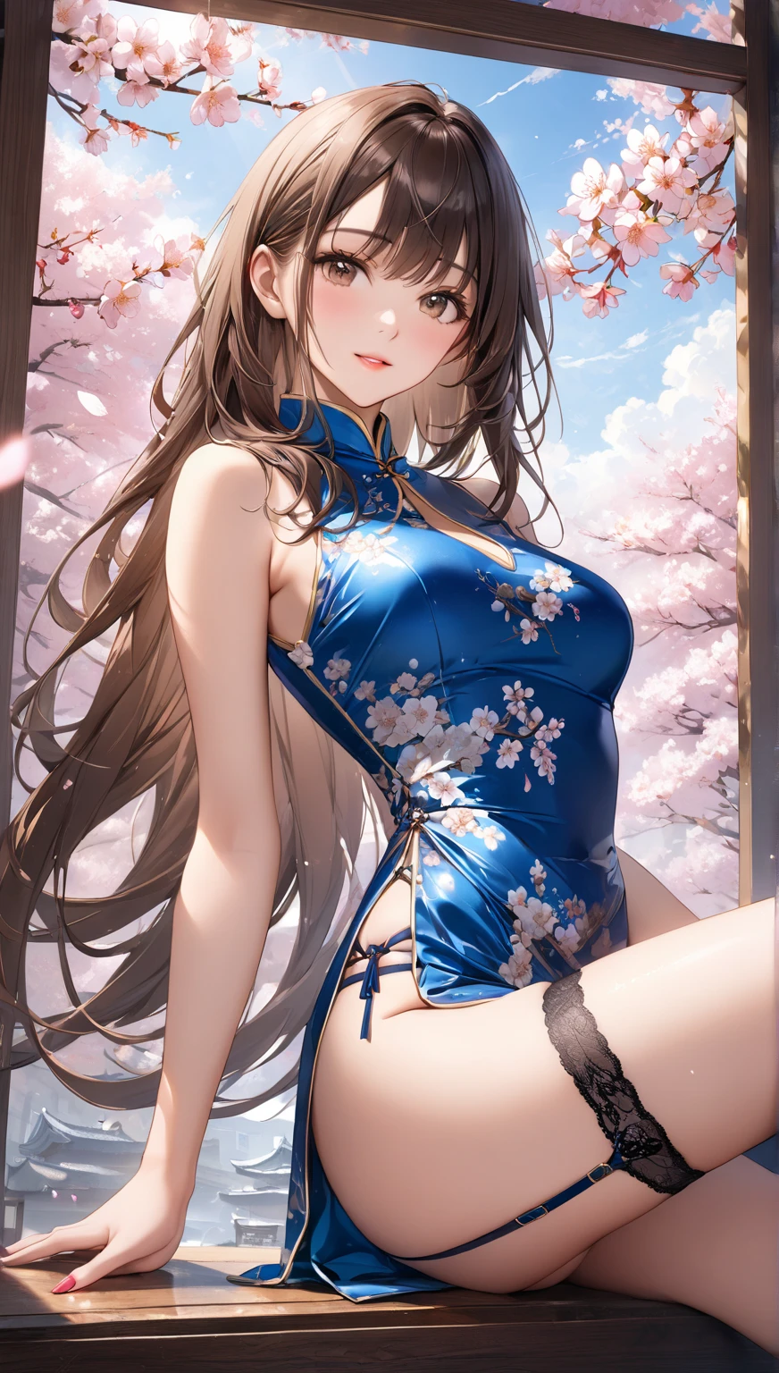 1girl,masterclass,best quality, illustration, solo, black hair, red eyes, xiao_lin, ;o, one eyes closed, cowboy_shot, dutch_angle, architecture,armpits,arms_behind_head,arms_up,black_thighhighs,blush,breasts,cherry_blossoms,china_dress,chinese_clothes,cleavage,cleavage_cutout,clothing_cutout,covered_navel,dress,east_asian_architecture,elbow_gloves,falling_petals,floral_print,flower,flower_knot,gloves,hair_flower,hair_ornament,long_hair,panties,panty_straps,pelvic_curtain,petals,print_dress,red_eyes,side-tie_panties,side_slit,sleeveless,sleeveless_dress,string_panties,tassel,thighhighs,thighs,underwear,white_dress,white_flower,