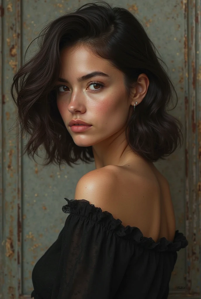 A woman with short hair, a fat body, but a beautiful face.
