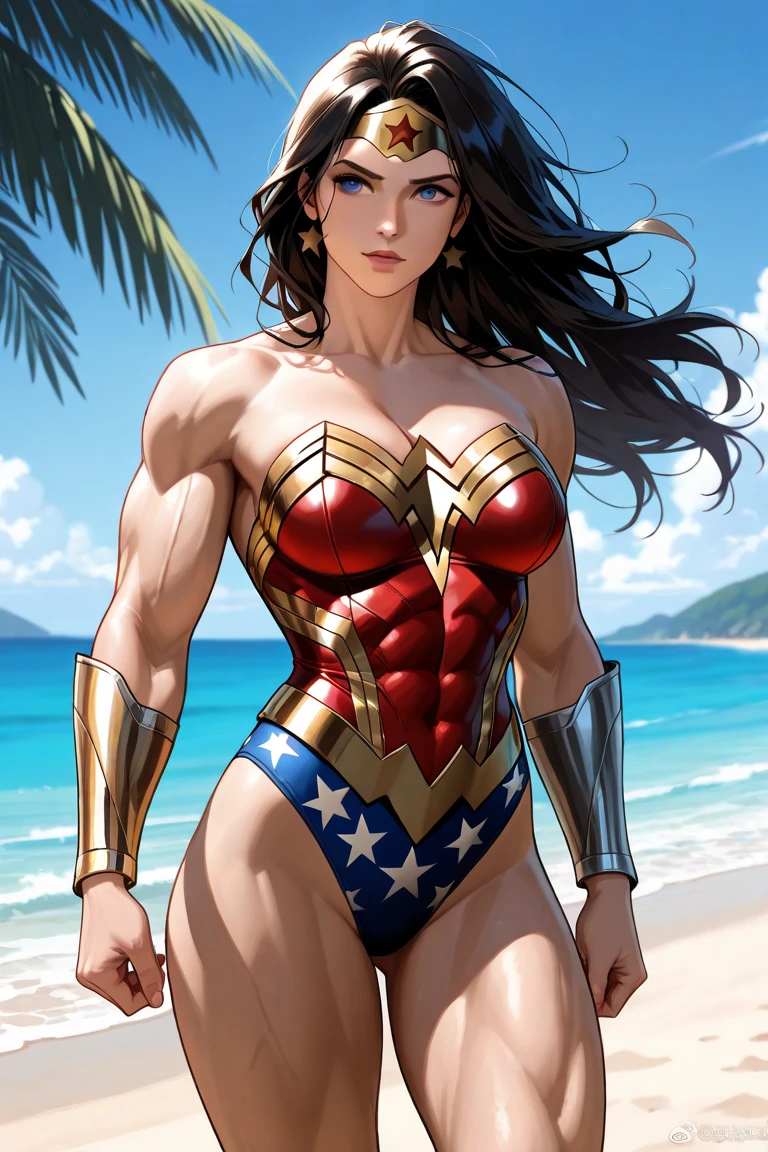 アニメ cel-shading Wonderwoman, bikini, on the beach in ((anime + manga + comics + cartoon) style)