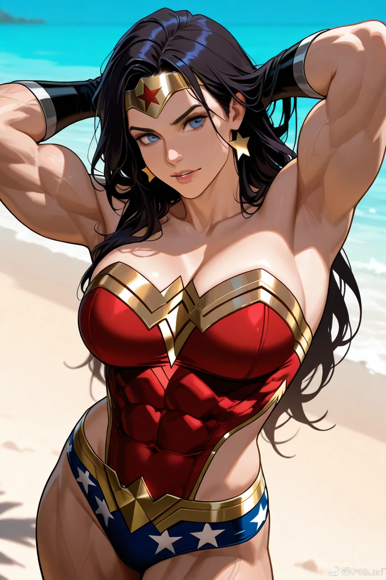 masterpiece, best quality, beautiful art, high resolution, well formed hands, body and fingers, 1 woman, solo, wonder woman Lynda Carter , tiara , adult, big breasted, cleavage, full body, sexy and skimpy outfit , gorgeous legs and thighs , ryona,in peril, she is defeated, knocked out, passed out, closed eyes, exhausted, unconscious, laying down on the sand, extended exposed body, full body on the sand, breathing heavily, sexy smirk on her face, bouncing breasts, sexy defeated pose, defeat and KO scene, fallen beauty, martial arts tournament with beach environment