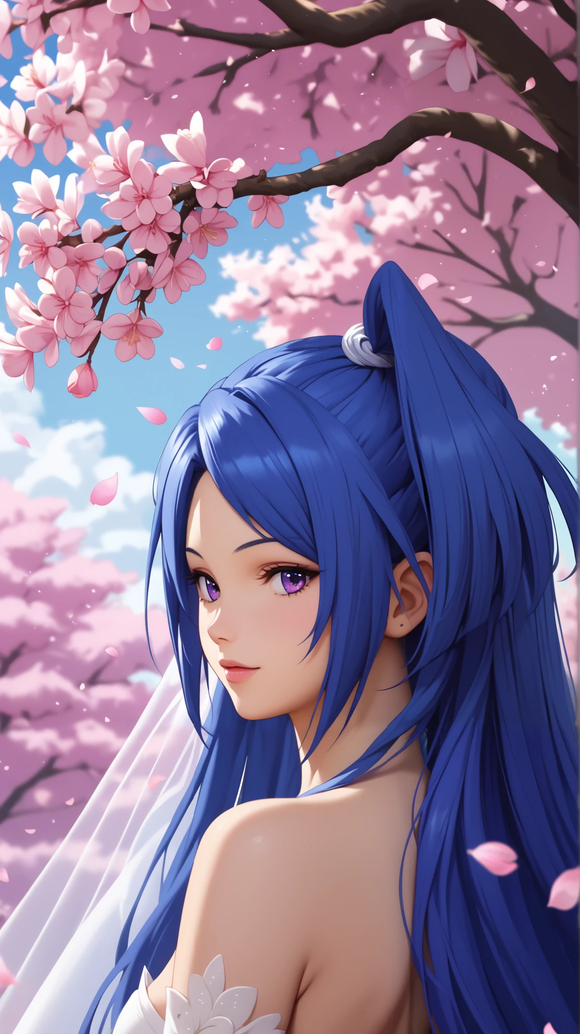 Tsubasa Kazanari (Season 01), Long hair, blue hair, one side up, purple eyes,, Wedding Dresses , White Wedding Dress , Long skirt , wedding , Under the cherry blossom tree background , Cherry blossom petals are falling , outdoor , wedding , close-up of the upper body , The sky is beautiful , white gloves , Make eye contact with the camera , back figure , looking back ,