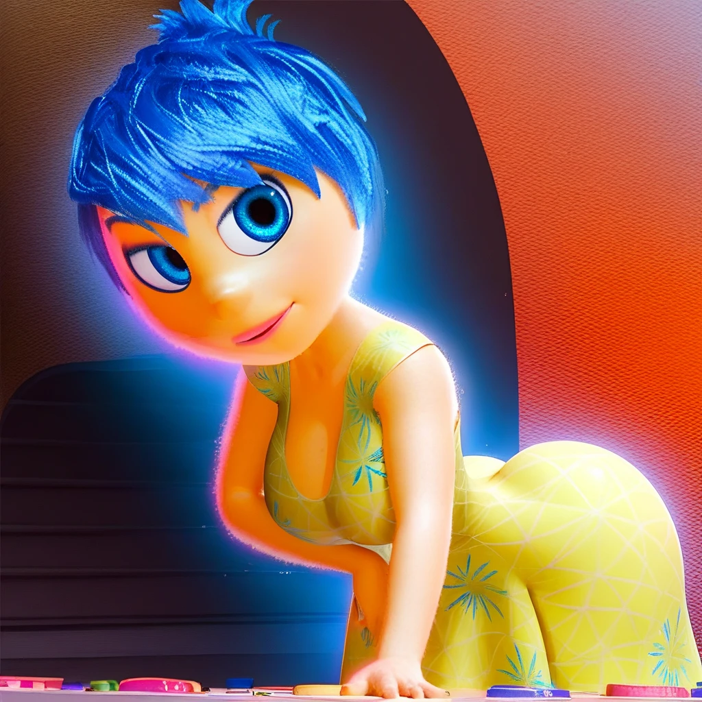 zPDXL, j_o_y, 1girl, blue hair, glowing, looking at viewer, serious, smiling, standing, medium shot, inside bedroom, soft lighting,1girl solo, looking at viewer, rear view, standing, wiggling her bottom, full view, legs, purple heels, white panties, hula dance, big butt, thicc, blonde hair, twerking, sexy, head turned to viewer, white panties,