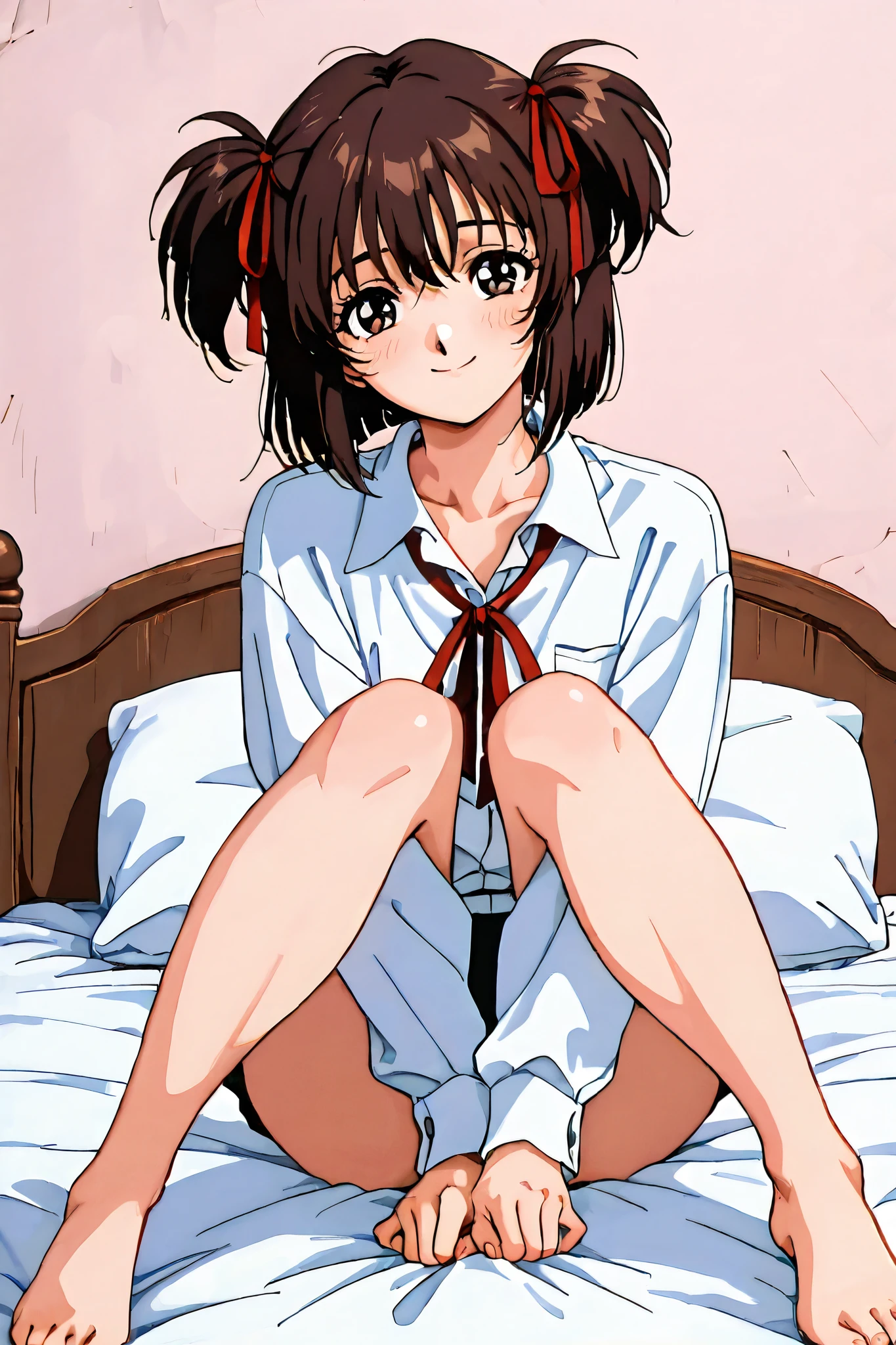 kayo,dark brown eyes,dark brown hair,two side hair,shoulder-length short hair,hair tied thin red ribbons,,tareme,labiomental sulcus,masterpiece,best quality,amazing quality,ultra detailed, very aesthetic,highres, beautiful detailed hair, beautiful detailed eyes, beautiful detailed face,beautiful,super detailed skin, perfect anatomy,score_9, score_8_up, score_7_up, source_anime,retro art style,[[realistic]],shy,smile,watery eyes,on a bed,oversized white collared shirt,whole body,barefoot,