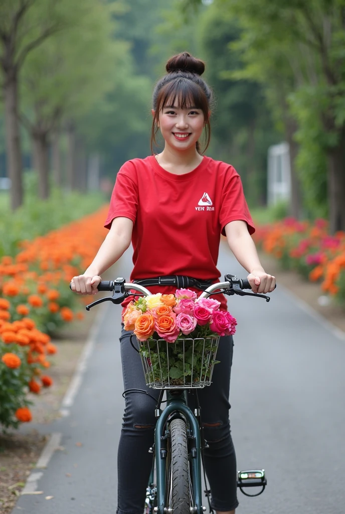 beautiful indonesian girl, smooth white skin, well-groomed face,double braided hair,trendy bangs,, baju kaos red bermotif logo Santi, black jeans jumpsuit pants,,,
white shoes, pose in the middle of the road, smiling sweetly while pushing the bike, in the bicycle basket full of colorful roses (orange, )(red)(,pink,) Background ,There are colorful rose plants on the left and right sides of the road,Realistic original photo