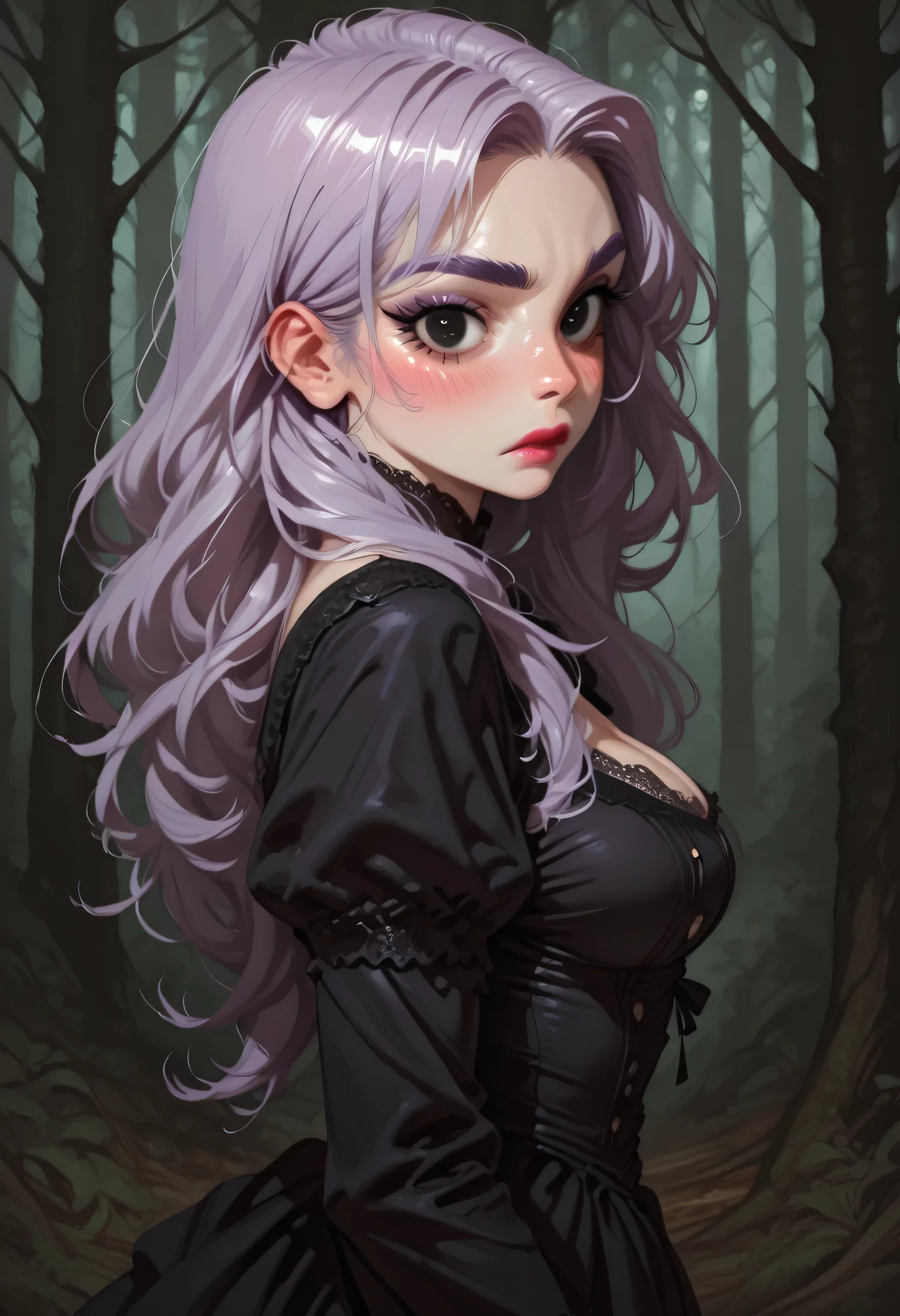 Dead Forest, Forest, Trees, 1Girl, Perfect Body, Beautiful Girl, Light Purple Hair, Long Hair, Purple Eyebrows, Natural Eyebrows, Black Eyeliners, Big Eyes, Black Eyes, Pink Blush, Nose, Red Lipstick, Thick Lipstick, Closed Mouth, Black Victorian Dress, Medium Breasts, From Side, Looking At Viewer