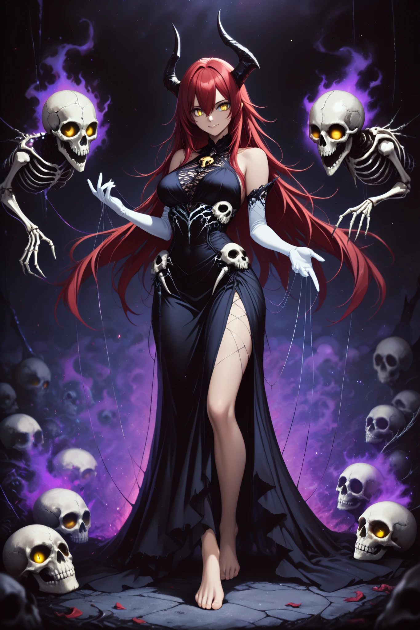 (masterpiece) , (highest quality) , (very detailed) , (the best shape) , (absurd) , (so beautiful) , (perfect anatomy), (perfect clear eyes), 1girl,red hair, long hair, golden eyes , long hair , gloves, standing, solo, looking at viewer, barefoot ,dress, demon girl, white gloves, hair between eyes , bare shoulders, smile, skull, slit pupils, elbow gloves ,necromancer, black corsage dress, laced, bound, purple dark aura, puppeteer, thin silver string comes out of her fingers, , puppet strings