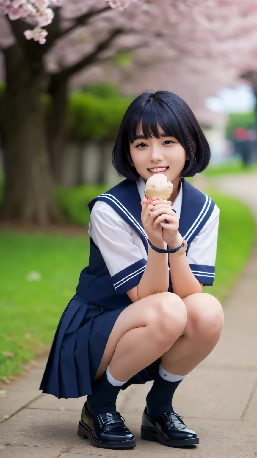 ((navy blue sailor suit)),(Women's College),(navy blue pleated skirt),( white socks),(Black shoes),(朝のcherry blossoms並木), is sitting on the lawn,cherry blossoms,(BEAUTIFUL BLACK BOB CUT HAIR:1.2),beautiful eyes, light in the eye,thighs,slender body,(Japanese),(idol bending over),big smiles,Beautiful and big breasts,(Highest Quality),(8k),(ultra high definition),(reality:1.37),(detailed eyes and face:1.3),professional photography techniques,(detailed hands:1.1),((Beautiful hair blowing in the wind:1.2)),(Navy Blue Skirt)),dynamic pose,(((I'm holding ice cream with both hands and eating)))