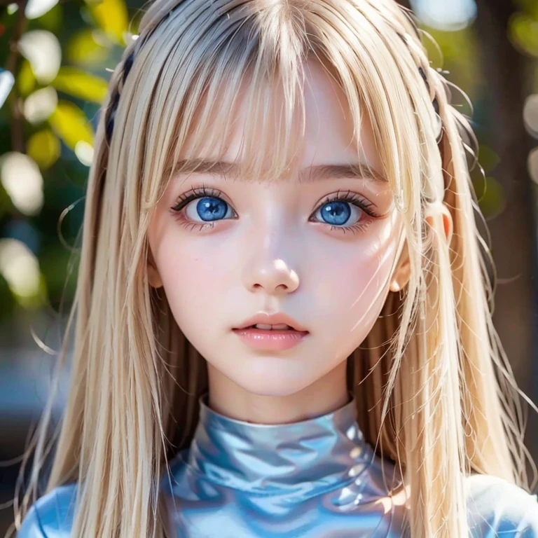 A blonde 11-year-old girl with blue eyes looks into the camera., boy with neutral face, transparent Catsuit,