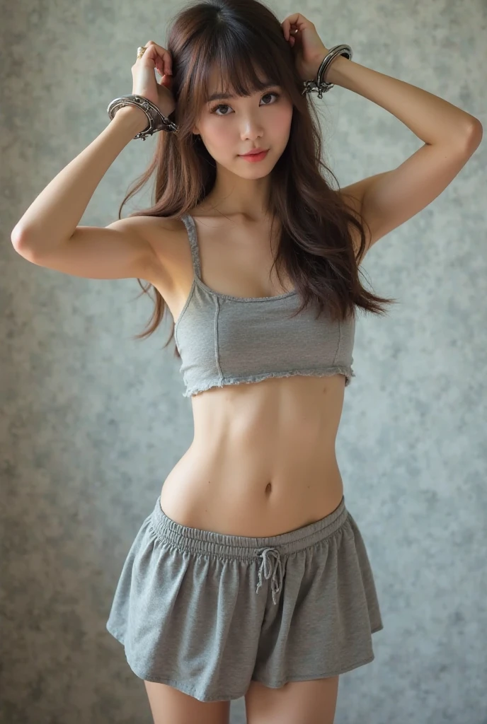(Solo exhibition), (Detailed full body RAW photo of a girl), (Masterpiece: 1.0), (Best quality: 1.4), (Ultra resolution: 1.2), (Realistic: 1.4), 8k resolution, Canon EOS R5, 50mm, Ridiculous, Ultra detail, full body image, (18yo), Clear focus, Cinematic lighting, Detailed beautiful face, (Makeup: 1.2), (ULZZANG-6500-v1.1), Petite figure, Detailed skin texture, Pale skin , flat, (slim toned body: 1.3), thigh gaps, detailed brown hair, (very messy hair: 1.5), (Avril Avril Avril :0.7), smile, (sports bra, sports leggings: 1.4), realistic sparkling skin, (bedrooms: 1), (Carmelto: 1.3), (sweating: 1.45), slender waistline, seductive smile, solo
