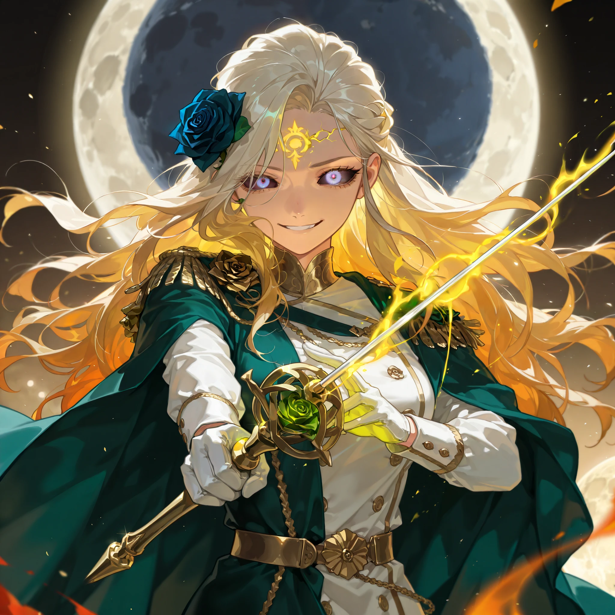 by [arknights|(748cmstyle:0.5)], mature, young adult, masterpiece, best quality, amazing quality, very aesthetic, high resolution, ultra-detailed, absurdres,
1girl, woman, solo, alone,(side eye, dynamic pose, upper body focus, three quarter view, medium shot:1.2), dramatic pose, moon phases with roses, purple blue gradient eyes, multicolor eyes, blonde hair, white hair, (accent color gold, accent color orange, accent color emerald green:1.2), elven dress, Westeros, Game of Thrones, white fantasy attire, flowing fabric, white clothes with gold trim and green accents, soft expression, soft smirk, (moon shaped rose flower, lunar rose, moon rose:1.4), short shoulder cape, french royalty, wardressing, (war uniform, sword saintess:1.2), warclothes, warrior, wielding sword magic, (magical glowing cursed rapier:1.44), skirmisher, white gloves, flower cape, monochrome edges, cruel smile, open mouth, laughing, constricted pupils, half black sclera, broken iris,
BREAK, depth of field, volumetric lighting
 