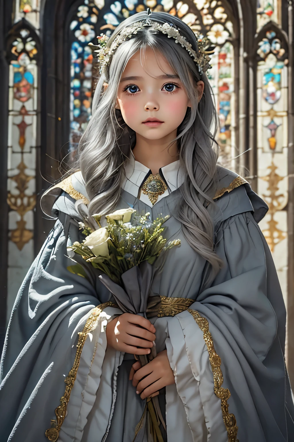 Little young girl,Gray Hair,morning,cute,fantasy, gorgeous dress ,headband,odd-eye,cathedral,bouquet,people,guard,Royalty