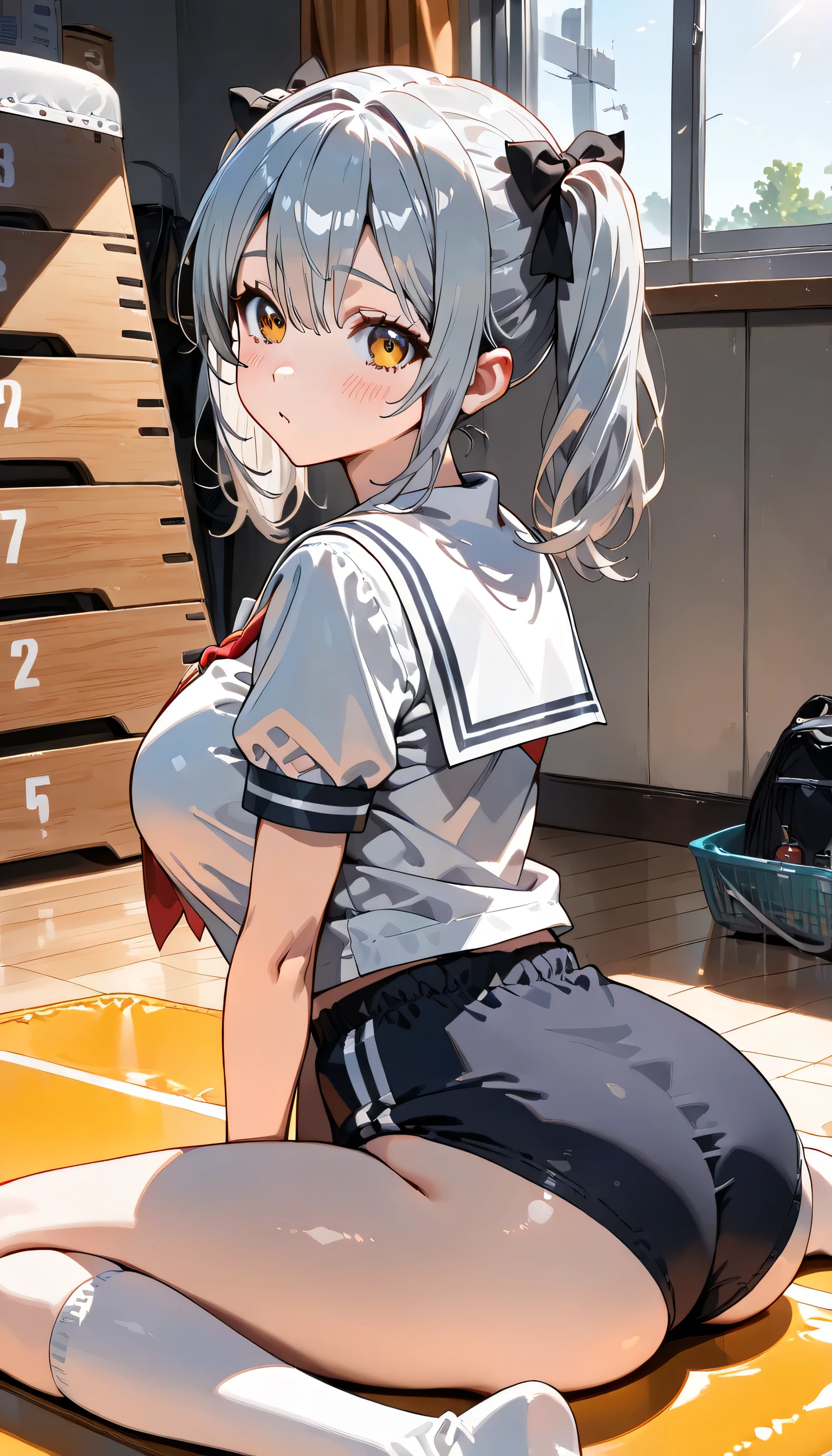 ((ultra-detailed)), (highly detailed CG illustration), (best quality:1.2), ultra-highly, 20 years old0 girl, dainty facial structure, (baby face), (round face), ((rounded chin:1.2)), ((ideal ratio body proportions)), celia-default, celia claire, blue eyes, moist eyes, silver hair color, two side up, (hair ribbon with red), ample breasts, ((white sailor school uniform:1.4)), (red tie), (navy blue school gym buruma:1.4), ((shy:1.2)), ((full face blush:1.2)), ((Sweat:1.4)), ((looking at viewer)), ((sitting on floor)), ((wariza:1.4)), ((V arms)), (gymnasium storeroom), (sitting on a gymnastics mat), ((from behind)), ((turn around)), dynamic pose, contrapposto pose, best quality, expecting, pink cheek, blush, light pink gloss slip, portrait, depth of field, ((sparkling sunlight:1.4)), lighting, backlighting, (shine), lighting, caustics, ray tracing, perfect face, lustrous skin, highly detailed face, highly detailed eyes, perfect face, perfect nose, perfect hair, perfect eyes, perfect anatomy, beautiful hair, beautiful small face, extremely detailed face, beautiful detailed eyes, beautiful clavicle, beautiful body, beautiful huge breasts, leavage, breasts squeezed together, equalize the size of the left and right breasts, beautiful thin thighs, beautiful legs, beautiful fingers, ((4 fingers)), 1 thumb, lovely, (very detailed background:1.0), (highly detailed background:1.0), summer aesthetic, intricate details, festival atmosphere, summer colors palette, chromatic aberration