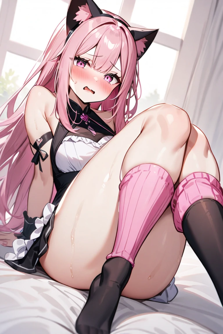 Girl with pink hair, long double-tailed hairstyle, ((small pink bushy eyebrows)), wearing gothic lolita clothing, lolicon , walking to school, bored look, bored face,,, (sitting with legs open lifting her skirt to show her vagina wet with semen),
