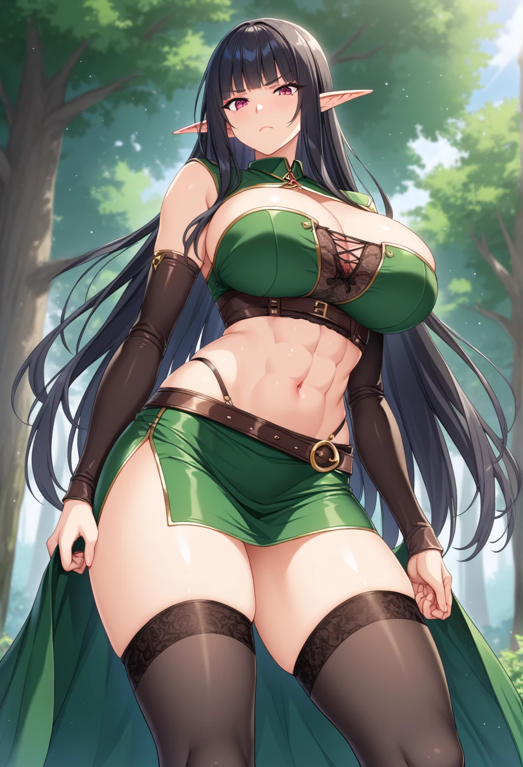 (Holding a sword、Raise your arms)、Brown wavy long hair、(Sleepy look、Embarrassing、Bitch、Slut、Prostitute)、(emerald green metallic micro bikini、White armor、Female Knight、(Huge breasts:1.5)、Underboob、Sideboob)、(Absolute area、Camel toe、belly button、Browsing Caution、Thick thighs、Wide Hips)、(NSFW:1.5)、(Ruins of the World Tree Forest:1.5)